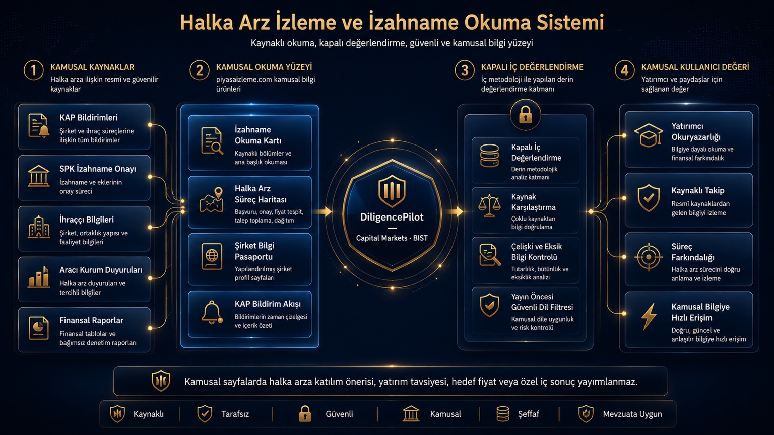 Halka arz süreçlerinde KAP bildirimleri, SPK izahname onayı, ihraççı bilgileri, aracı kurum duyuruları ve finansal raporların kamusal okuma yüzeyine dönüşmesini gösteren sistem görseli