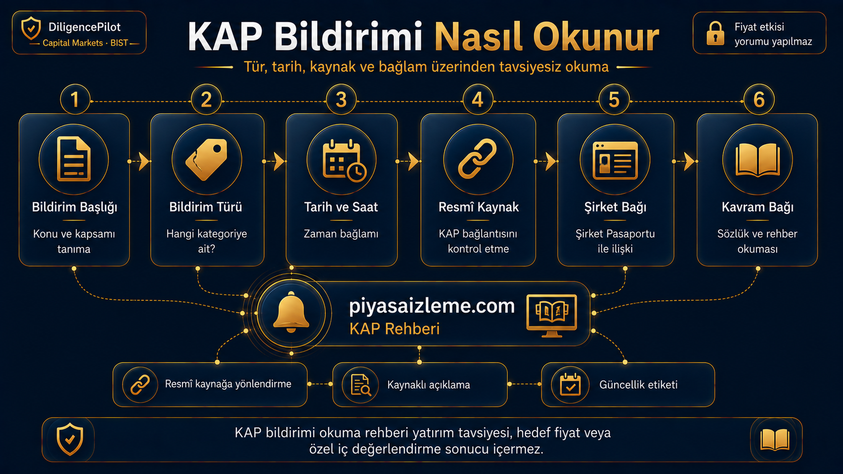 KAP bildiriminin bildirim başlığı, bildirim türü, tarih ve saat, resmî kaynak, şirket bağı ve kavram bağı üzerinden nasıl okunacağını gösteren altı adımlı rehber görsel.